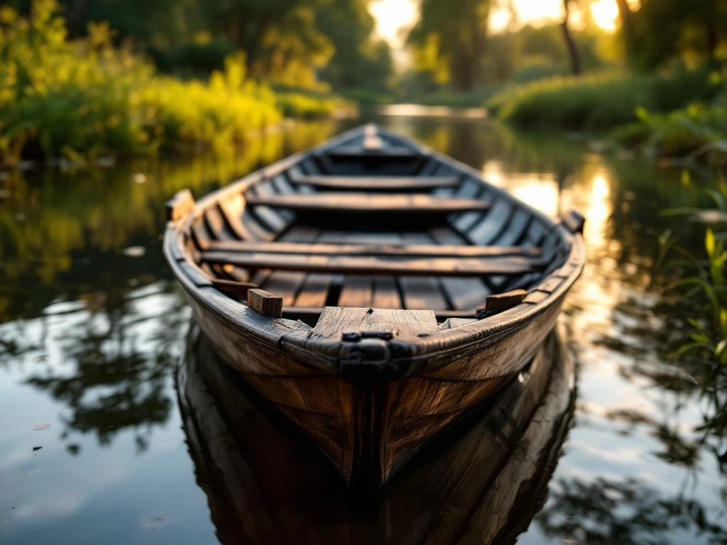 Traditionele Spaanse platbodemboot (aak) in kalm water tijdens gouden uur, met verweerde houten planken en groene vegetatie