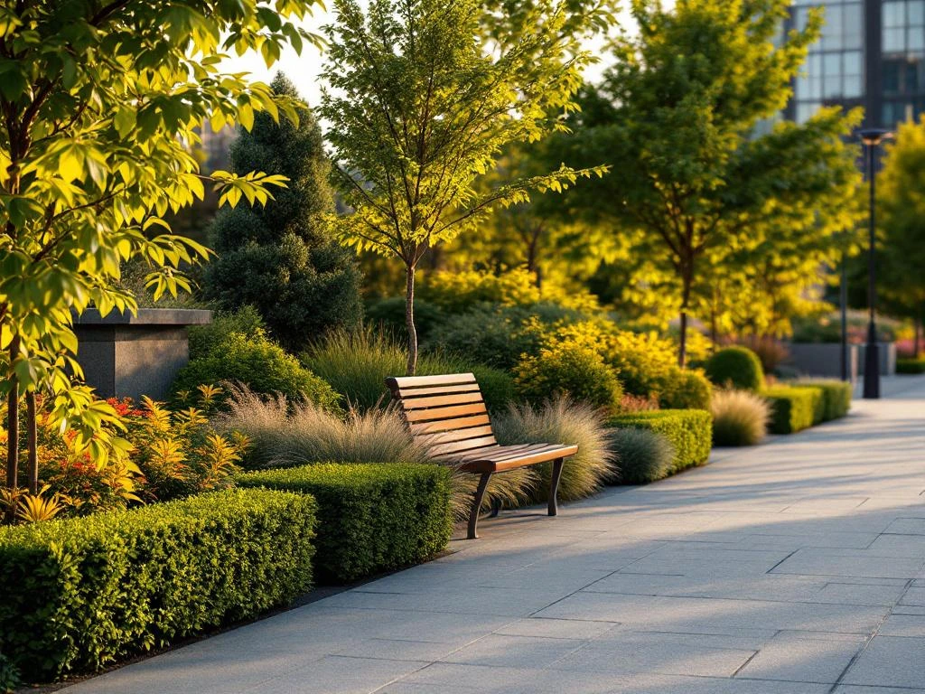 Stedelijk park met groene beukenhaag langs modern wandelpad, sierstruiken en openbare bank in zonneschijn