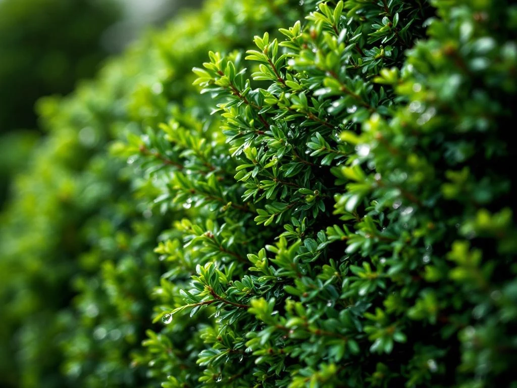 Dichte taxus baccata haag met donkergroene naalden en dauwdruppels in natuurlijk licht