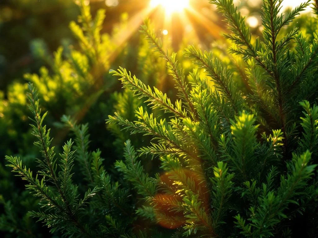 Groene Taxus baccata haag in helder zonlicht met dauwdruppels op de bladeren en dramatische lichtstralen
