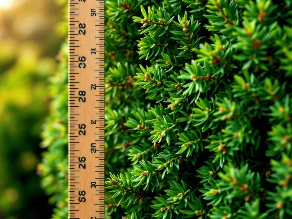 Taxus baccata takken met dichte naaldbladeren naast houten meetlat die centimeters toont in kwekerij omgeving