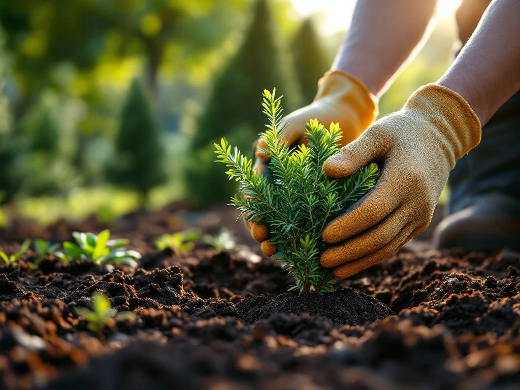 Tuinman plant jonge taxus baccata struik in donkere grond met zichtbare wortelbal en professionele techniek