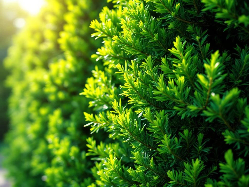 Dichte groene taxushaag met smaragdgroene naaldbladeren en heldere nieuwe groei in natuurlijk zonlicht