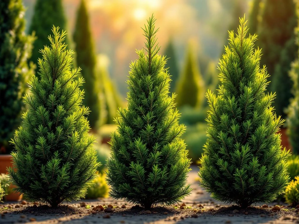 Drie taxus variëteiten met verschillende groeipatronen en bladerdichtheid in kwekerij met natuurlijk zonlicht