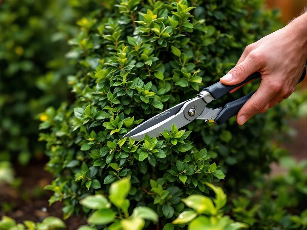 Handen snoeien haagbeuk topiary met professionele snoeischaar, verse takjes op grond, tuinonderhoud