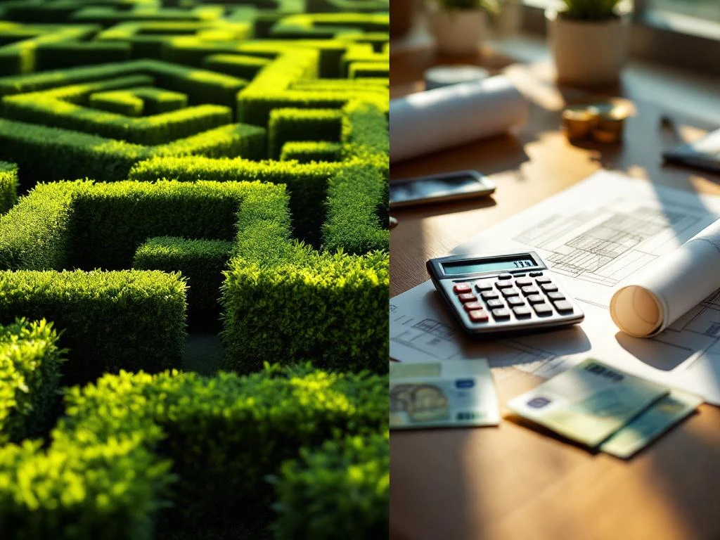 Gesnoeid beukenhaag tuin naast architecturale blauwdrukken, rekenmachine en eurobiljetten op houten bureau