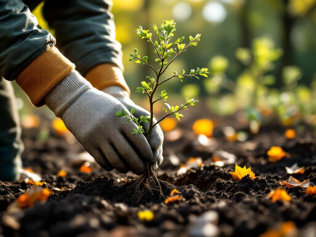 Tuinman plant jonge veldesdoorn zaailing in donkere grond, met wortelsysteem en groene knoppen zichtbaar