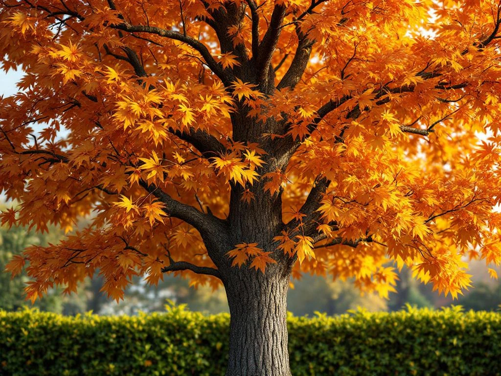 Volwassen veldesdoorn met gouden herfstbladeren en gedetailleerde schors tegen zachte achtergrond van haagplanten