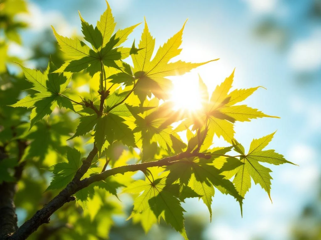 Acer campestre veldesdoorn boom in fel zonlicht met groene drielobbige bladeren en gouden lichtstralen door takken