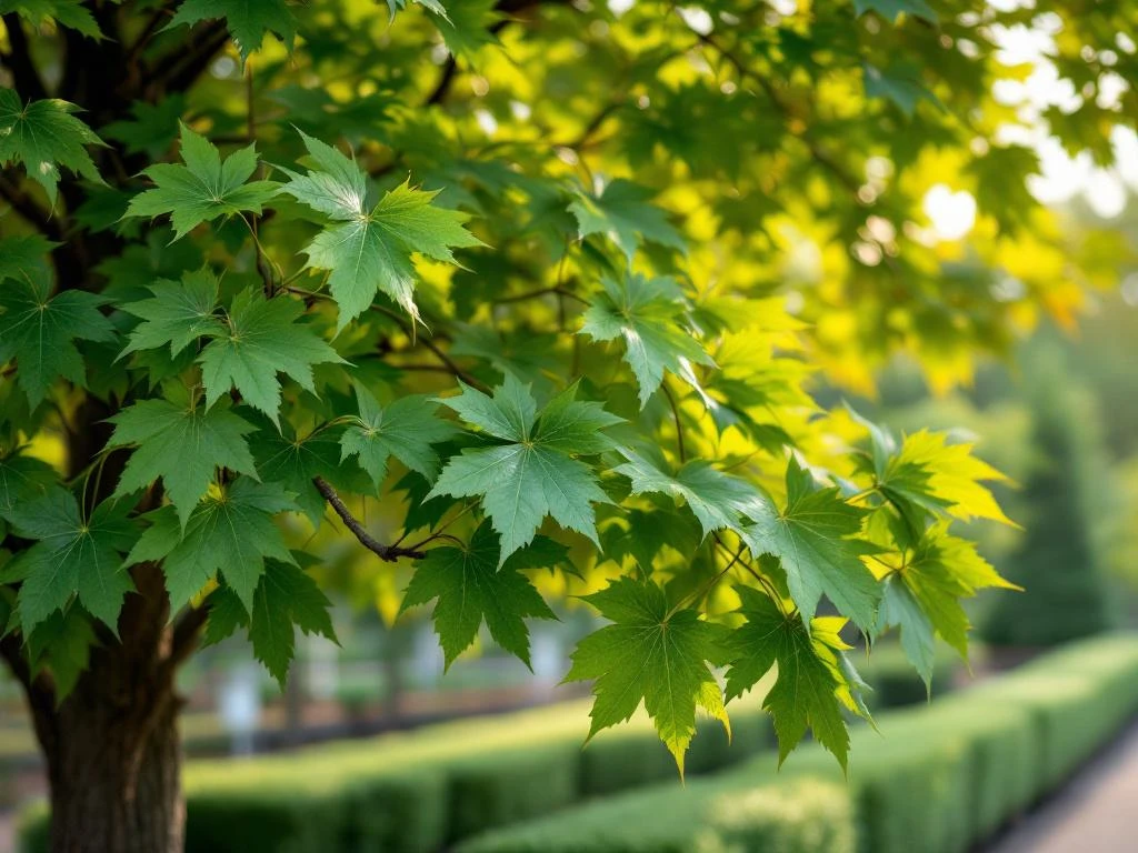 Volwassen Acer campestre veldesdoorn met brede kroon en groene bladeren in kwekerij setting