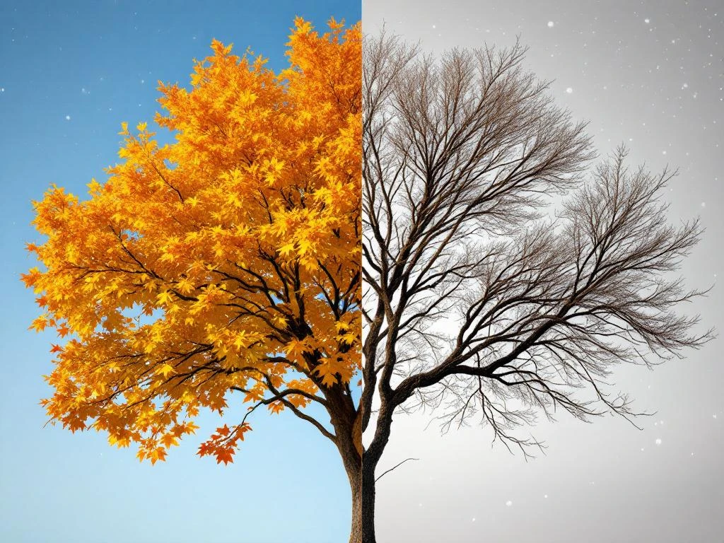Veldhornboom in herfst met geel-oranje bladeren en winter met kale takken, gesplitst beeld tegen blauwe en grijze lucht