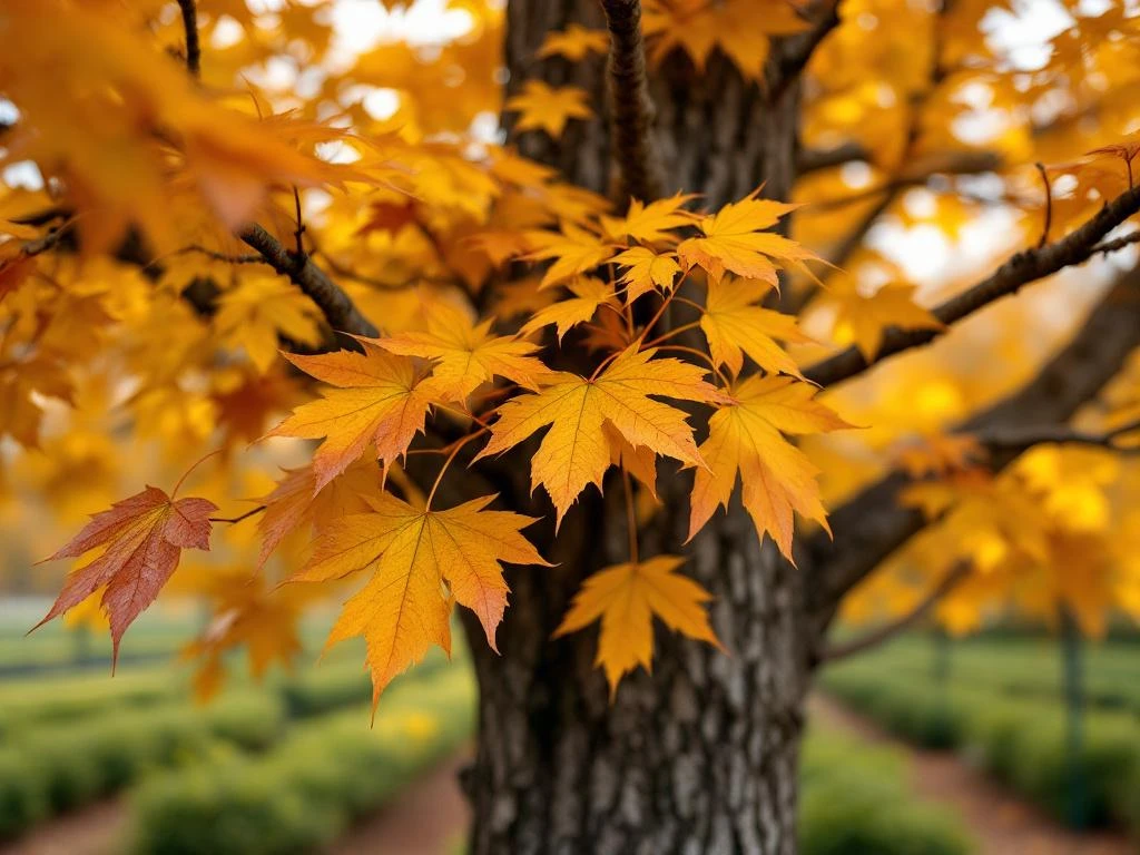 Volwassen veldesdoorn met gouden herfstbladeren en gegroefde bast in kwekerij, close-up detail van bladeren en stam