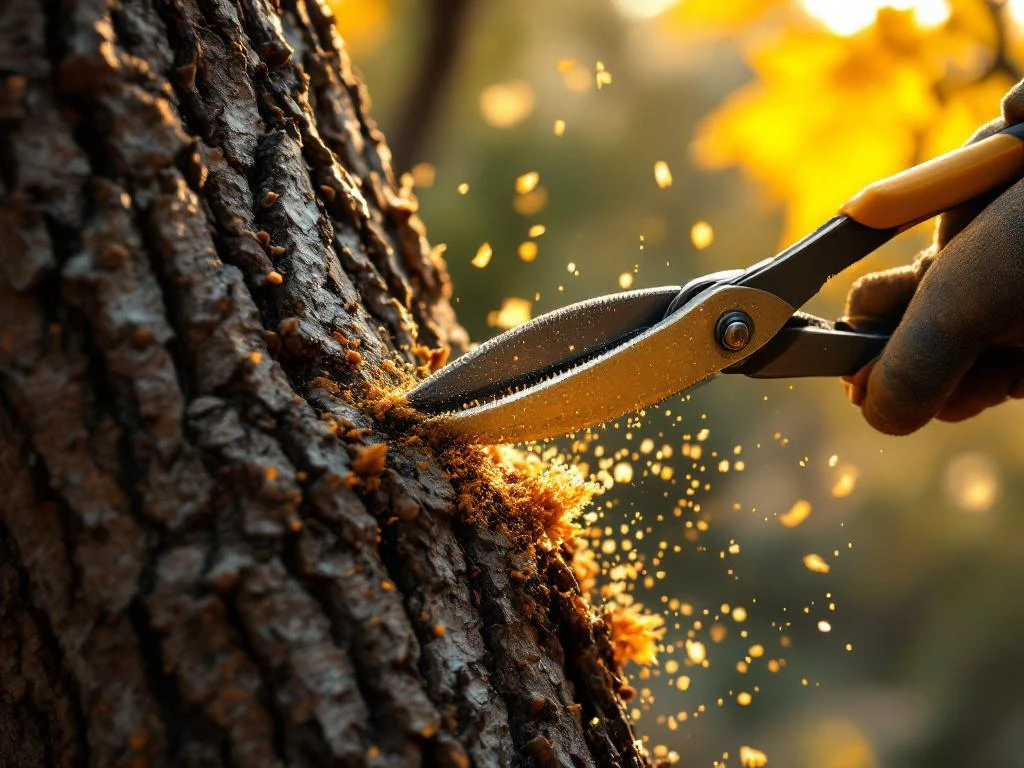 Professionele snoei van veldesdoorn met snoeischaar, zaagsel in ochtendlicht, boomverzorging expertise