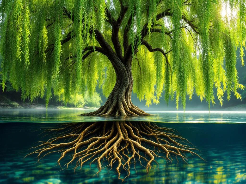 Wilgenboom met hangende takken en wortels in helder water, ochtendlicht filtert door groene bladeren bij vijver