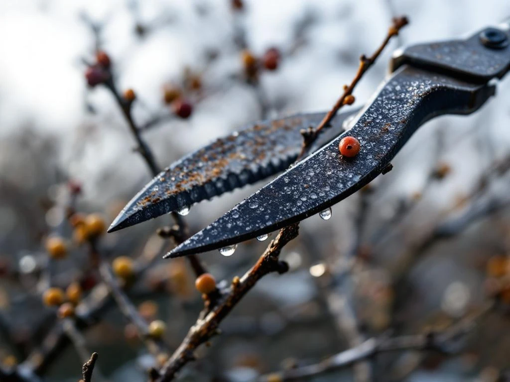 Snoeischaar die winterse snoei uitvoert op aalbessentak met dauwdruppels, kale takken op achtergrond
